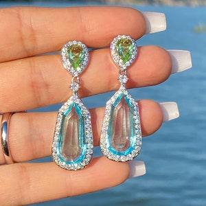 Sorprendenti orecchini acquamarina penzolanti e goccia blu acquamarina e verde peridoto diamante pendente orecchini goccia argento 925 immagine 5