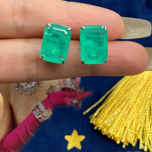 Glowing Neon Green Colombian Emerald Stud Earrings, Emerald Cut Earrings, Small Dainty Earrings, May Birthstone, Bethany Ciotola Earrings