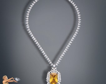 Miraculous Design Kanarische Gelbe Diamant Charm Halskette, 925 Sterling Silber, Art Deco Stil, Glamouröse Halskette, Luxus Halskette, Schönes Geschenk