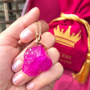 Amazing Hot Pink Color and Glow, Natural Rough Pink Tourmaline Necklace, Raw Tourmaline Pendant, Yellow Gold Vermeil