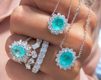 Ice Blue Oval Halo Paraiba Tourmaline Necklace Pendant, October Birth Stone, Dainty Necklace, Stunning