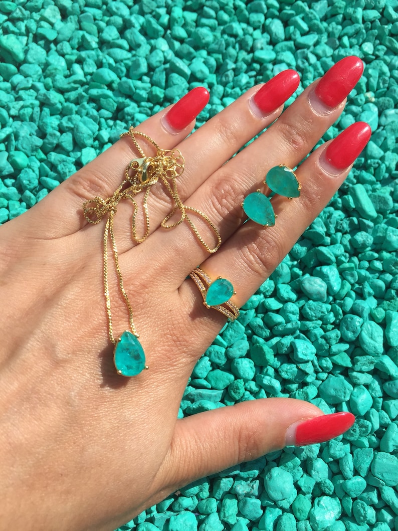 Natural Copper Bearing Paraiba Tourmaline Jewelry Set Ring Earrings and Necklace Neon Blue Brazil 925 Sterling Silver Set