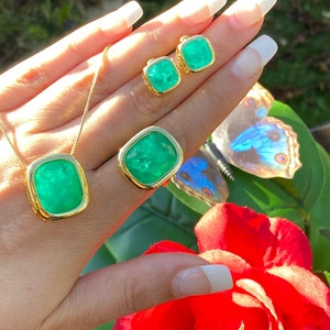 Natural Emerald Jewelry Set, May Birthstone, Celebrity Jewelry Set, Angelina Jolie Inspired, Necklace Ring Earrings, 18K Yellow Gold Vermeil