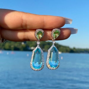 Sorprendenti orecchini acquamarina penzolanti e goccia blu acquamarina e verde peridoto diamante pendente orecchini goccia argento 925 immagine 8