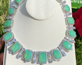 Beyond Luxury, Pale Green Natural Ethiopian Fire Opal and Diamond Choker Necklace, Palladium 925 Sterling Silver, Luxury Gift Charm Necklace