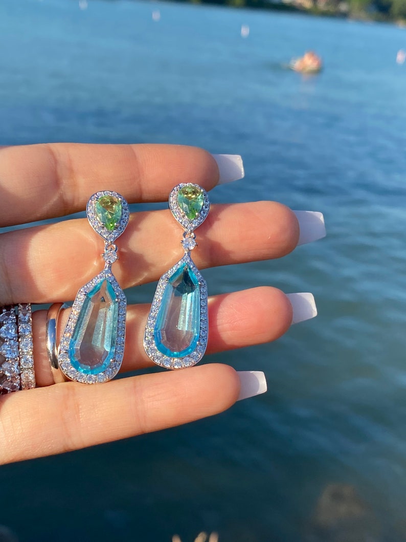 Sorprendenti orecchini acquamarina penzolanti e goccia blu acquamarina e verde peridoto diamante pendente orecchini goccia argento 925 immagine 10