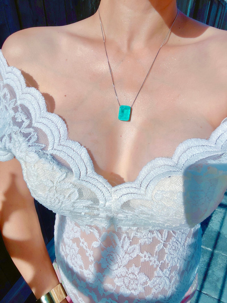 Handmade 100% Glowing Exotic Blue Natural Paraiba Tourmaline Rectangle Drop Necklace Pendant, Minimalist Paraiba Every Day Necklace, Gift image 3