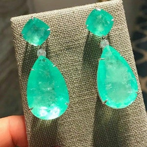 Imperial Luxury Natural Neon Green Colombian Emerald Diamond Muzo Dangle Drop Earrings