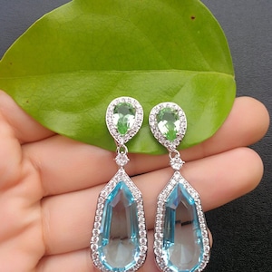 Sorprendenti orecchini acquamarina penzolanti e goccia blu acquamarina e verde peridoto diamante pendente orecchini goccia argento 925 immagine 3