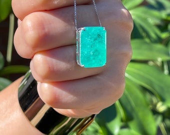 Glowing Neon Green Colombian Emerald Rectangle Drop Necklace Pendant Chain 925 Sterling Silver Art Deco Filigree Handmade Large Beautiful