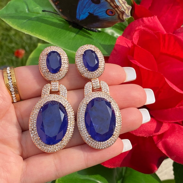 Big and Bold Natural Blue Sapphire Earrings Madagascar, 18K Yellow Gold Vermeil, Hallmark Queen