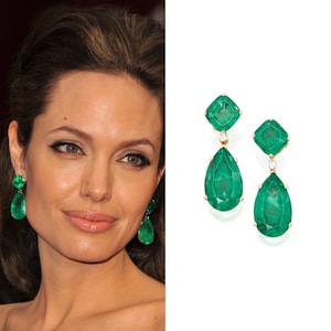 Pendientes de esmeralda verde vibrante 100 % natural, inspirados en Angelina Jolie, famosa estrella de Hollywood, en oro amarillo vermeil de 18 quilates, joyas de esmeralda.