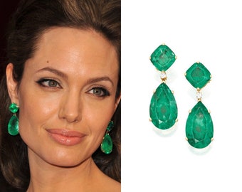 Angelina Jolie Inspirée, Célèbre star hollywoodienne, Boucles d’oreilles émeraude verte vibrante 100% naturelles, Vermeil en or jaune 18 carats, Bijoux émeraude