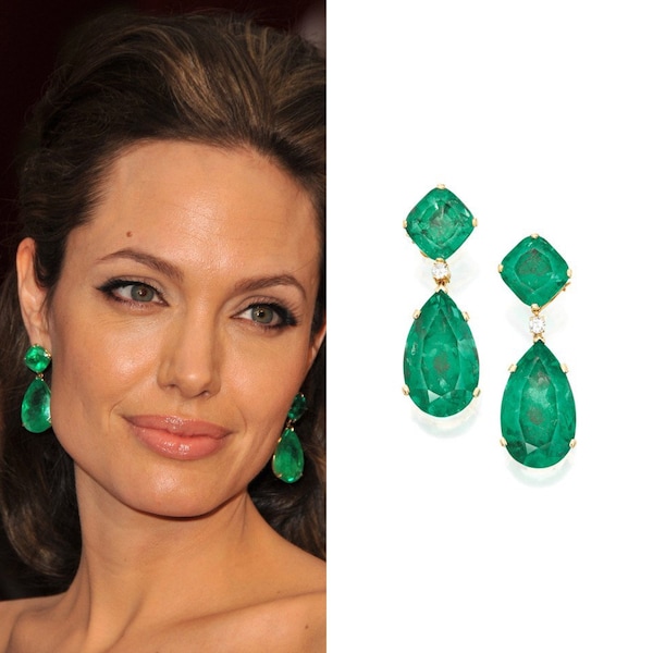 Inspirada en Angelina Jolie, famosa estrella de Hollywood, pendientes de esmeralda verde vibrante 100% natural, vermeil de oro amarillo de 18 quilates, joyas esmeralda