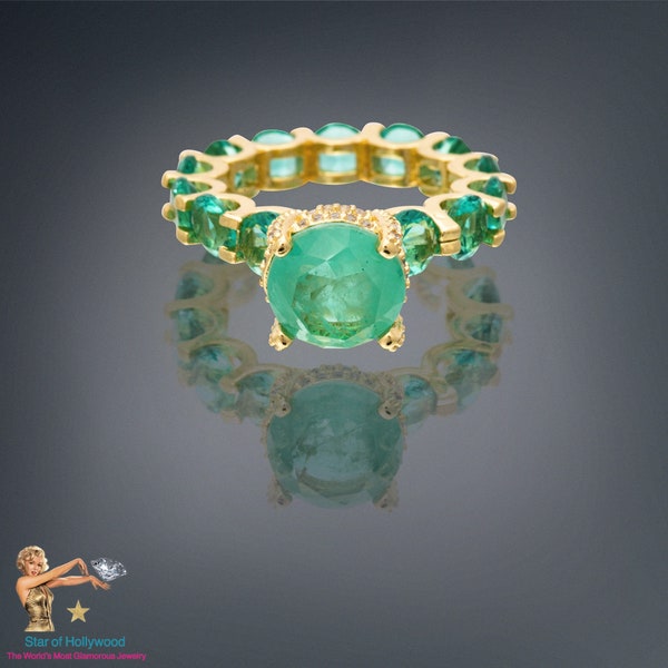 Neon Green 100% Genuine Columbia Emerald Gem Multi Gemstone Ring Band, Handcrafted Masterpiece, Natural Emerald Promise Engagement Ring
