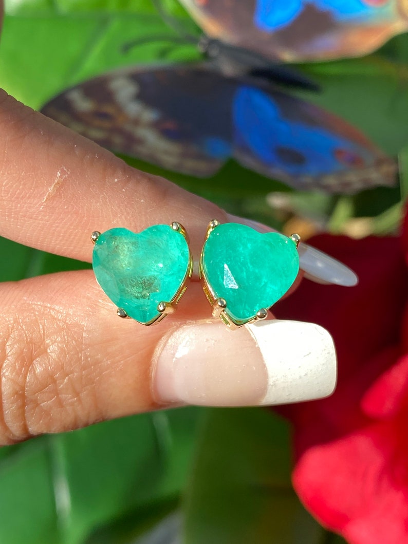 18K Yellow Gold Vermeil Earrings 10mm May Birthstone Earrings Glowing Natural Neon Colombian Emerald Stud Earrings Emerald Heart Earrings
