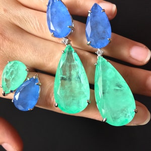 Luxurious Extra Large Natural Glowing Neon Colombian Emerald and Tanzanite Jewelry Set Dangle Drop Earrings and Ring Set