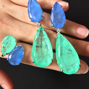 Luxurious Extra Large Natural Glowing Neon Colombian Emerald and Tanzanite, Dangle Drop Earrings Only