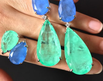 Luxurious Extra Large Natural Glowing Neon Colombian Emerald and Tanzanite Jewelry Set Dangle Drop Earrings and Ring Set
