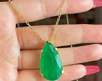 Top Quality 100% Natural Zambian Emerald Tear Drop Necklace Pendant Chain 18K Yellow Gold Over, Art Deco Filigree Handmade Large Beautiful