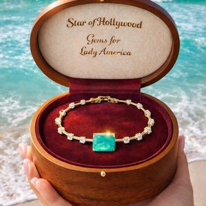 May include: A gold bracelet with a large, square, emerald-colored gemstone at its center, surrounded by smaller clear stones. The bracelet is displayed in an open wooden jewelry box with a red velvet interior. The box has the text "Star of Hollywood Gems for Lady America".