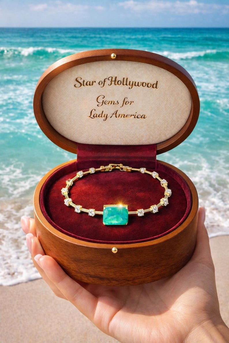 May include: A gold bracelet with a large, square, emerald-colored gemstone at its center, surrounded by smaller clear stones. The bracelet is displayed in an open wooden jewelry box with a red velvet interior. The box has the text "Star of Hollywood Gems for Lady America".
