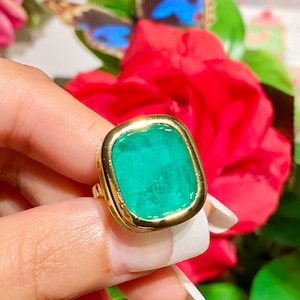 Angelina Jolie Inspired 100% Natural Colombian Emerald Bezel Ring, 18K Yellow Gold Vermeil, Large Solitaire Emerald Ring, Choose Your Size