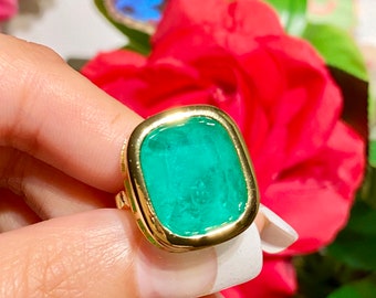 Angelina Jolie inspiró anillo de bisel de esmeralda colombiana 100% natural, vermeil de oro amarillo de 18 qt, anillo de esmeralda solitario grande, elija su tamaño