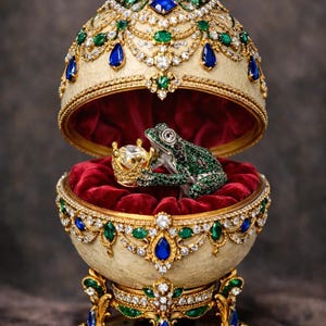 May include: An elaborate, bejeweled egg-shaped trinket box. The cream-coloured egg is decorated with gold filigree, emerald, sapphire, and diamond accents. Inside, a green jeweled frog holds a golden crown on a red velvet cushion.