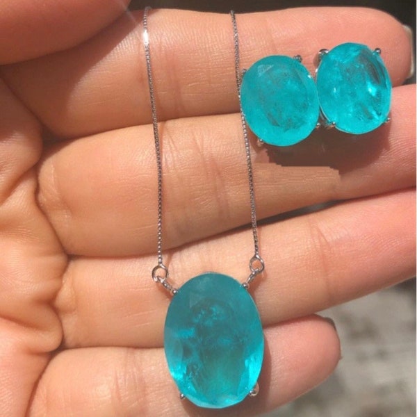 Exotic Glowing Natural Ice Blue Paraiba Tourmaline Jewelry Set Necklace and Earrings, Oval Solitaire Set, 925 Sterling Silver, Dainty Set