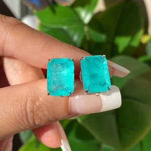 Glowing Neon Blue Colombian Emerald Stud Earrings, Emerald Cut Earrings, Small Dainty Earrings Emerald Stud Earrings May Birthstone Earrings