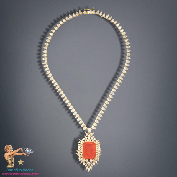 Magnificent Natural Orange Spessartite Garnet Necklace, with Austrian Crystals, Crafted in 18K Yellow Gold Vermeil, Glamorous Marvellous