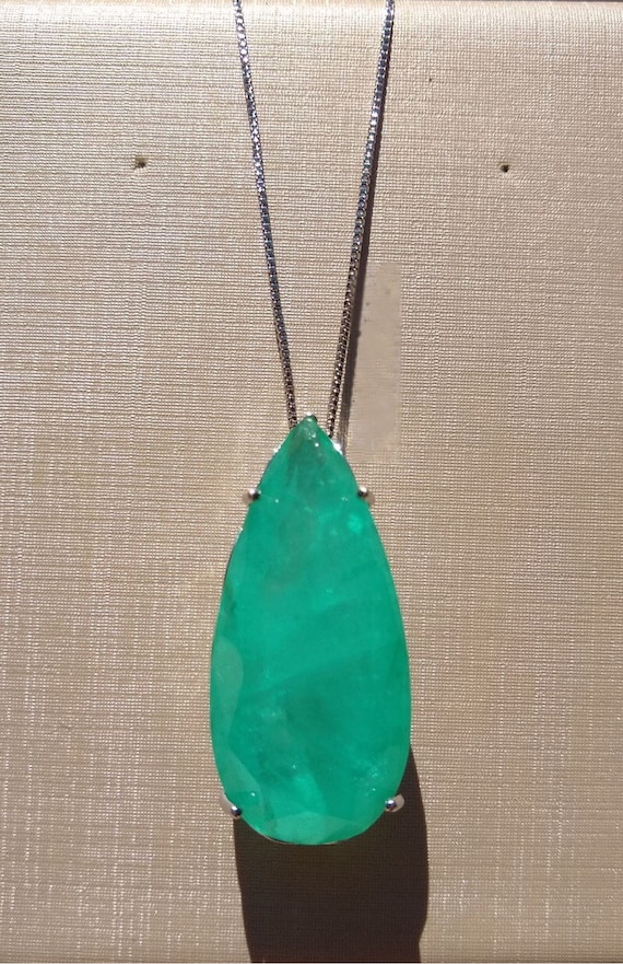 Top Quality 100% Natural Columbian Emerald Tear Drop Necklace Pendant Chain 925 Sterling Silver Art Deco Filigree Handmade Large Beautiful