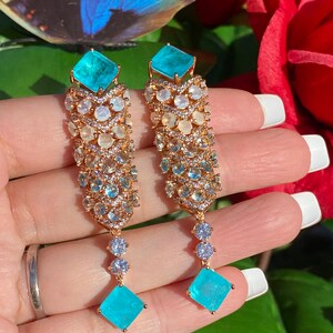 Head turning Glowing Natural Paraiba Tourmaline, Opal Moonstone, Chandelier Dangle and Drop Earrings, 18K Yellow Gold Vermeil, Handcrafted image 5