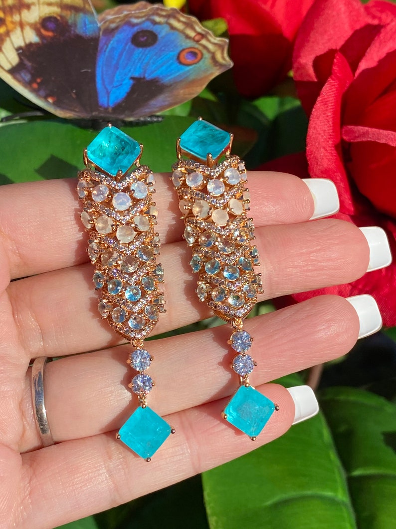 Head turning Glowing Natural Paraiba Tourmaline, Opal Moonstone, Chandelier Dangle and Drop Earrings, 18K Yellow Gold Vermeil, Handcrafted image 5