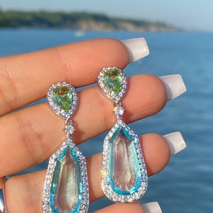 Sorprendenti orecchini acquamarina penzolanti e goccia blu acquamarina e verde peridoto diamante pendente orecchini goccia argento 925 immagine 2