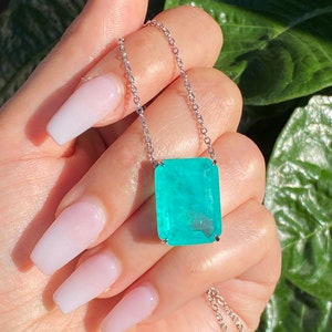 Handmade 100% Glowing Exotic Blue Natural Paraiba Tourmaline Rectangle Drop Necklace Pendant, Minimalist Paraiba Every Day Necklace, Gift image 8