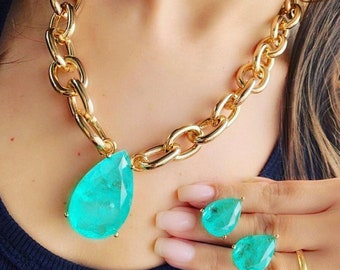 Grote en gedurfde oceaanblauwe natuurlijke Paraiba toermalijn ketting hanger sieraden set met oorbellen, verbazingwekkende exotische neon blauwe kleur en gloed 18KGP