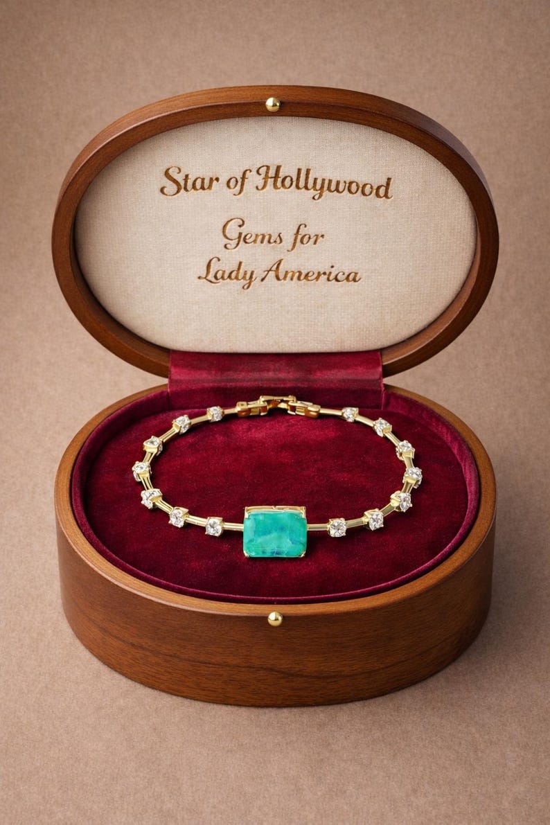 May include: A gold bracelet with a square, turquoise-colored center stone and clear accent stones, displayed in an open wooden jewelry box lined with red velvet. The box lid reads "Star of Hollywood Gems for Lady America."