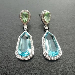 Sorprendenti orecchini acquamarina penzolanti e goccia blu acquamarina e verde peridoto diamante pendente orecchini goccia argento 925 immagine 4