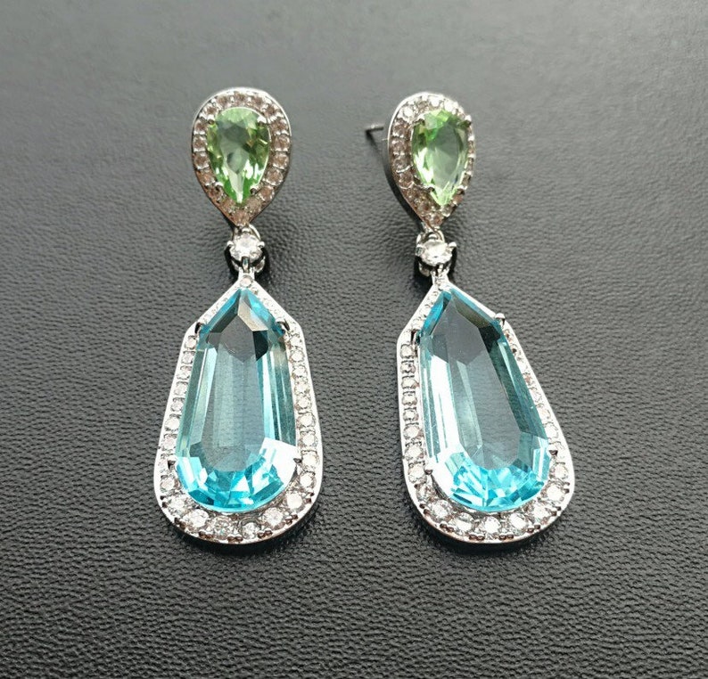 Sorprendenti orecchini acquamarina penzolanti e goccia blu acquamarina e verde peridoto diamante pendente orecchini goccia argento 925 immagine 4