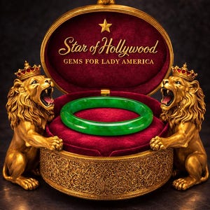 May include: A jade green bangle bracelet rests in a velvet-lined, gold-colored jewelry box. The box is flanked by two golden lion statues wearing crowns. The box lid reads "Star of Hollywood" and "Gems for Lady America".