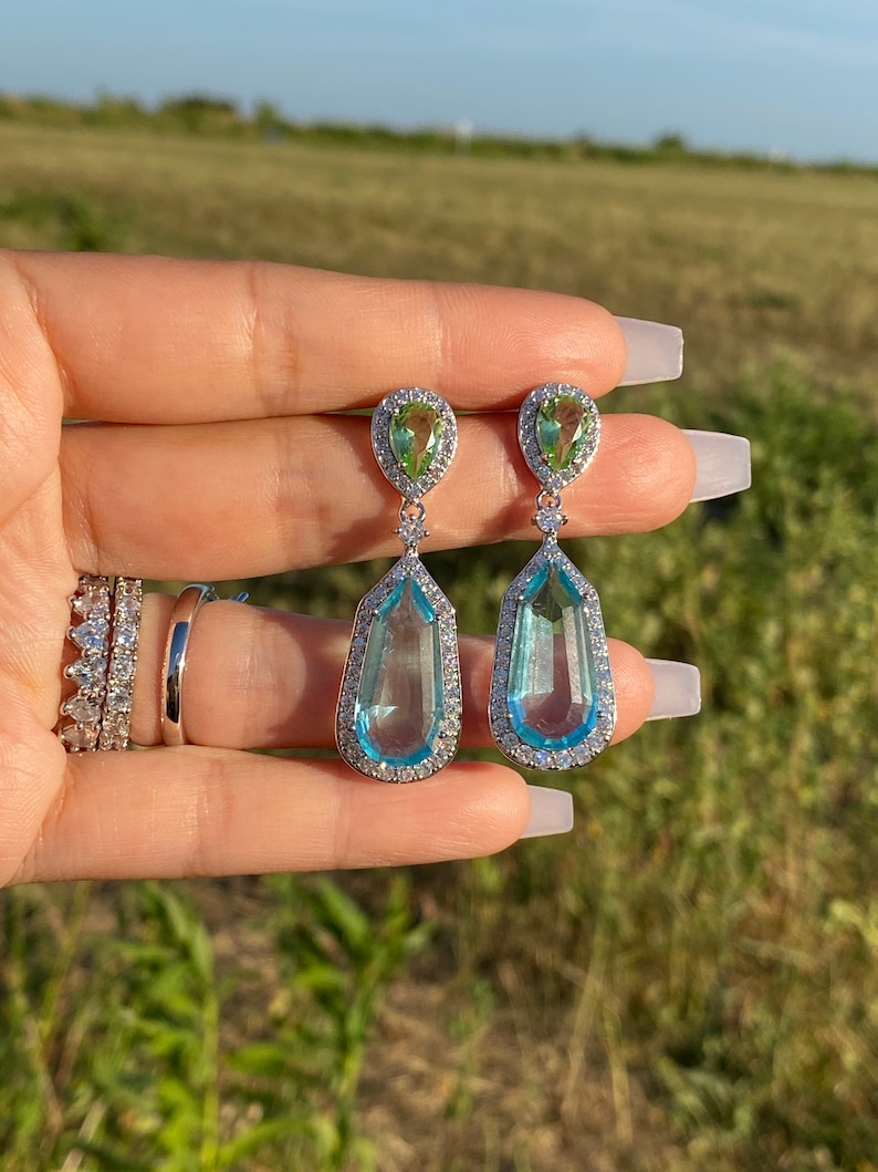 Sorprendenti orecchini acquamarina penzolanti e goccia blu acquamarina e verde peridoto diamante pendente orecchini goccia argento 925 immagine 9