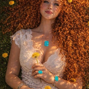May include: A person with long, curly red hair lies in a grassy field, wearing a white lace top and blue jeans. They are adorned with turquoise jewelry, including a necklace, ring, and bracelet. Yellow dandelions are scattered around.