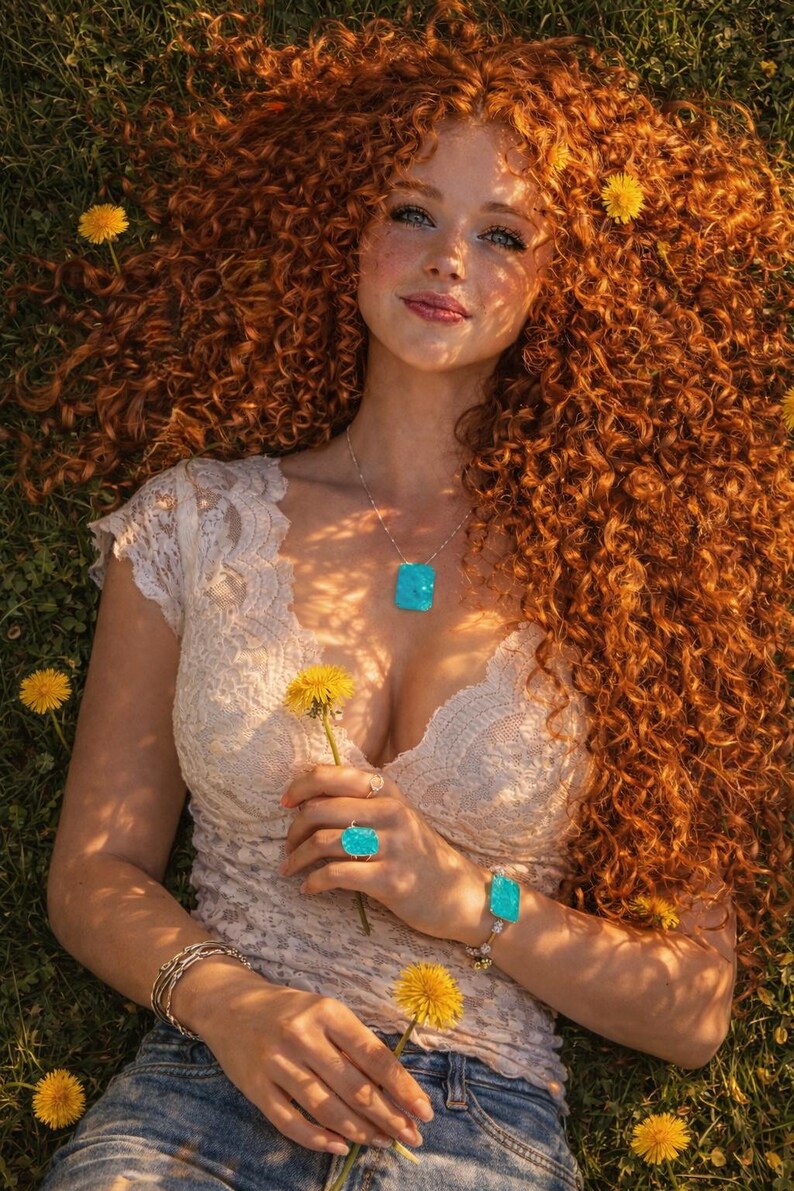 May include: A person with long, curly red hair lies in a grassy field, wearing a white lace top and blue jeans. They are adorned with turquoise jewelry, including a necklace, ring, and bracelet. Yellow dandelions are scattered around.
