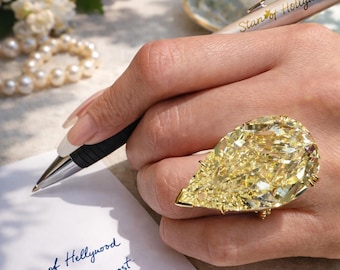 Golden Empress Statement Ring, Bold & Unforgettable, Large Yellow Pear Crystal Ring, Statement Cocktail Ring Gold Tone, Bold Gem Luxury Ring