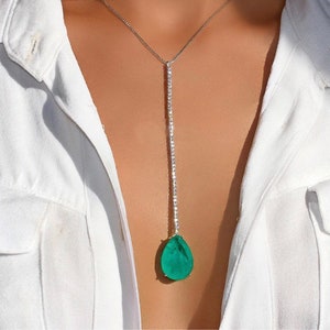 Majesty Natural Glowing Neon Green Colombian Emerald Drop Necklace, Emerald and Diamond Lariat Y Necklace, luxury Stunning Necklace, 925 SS