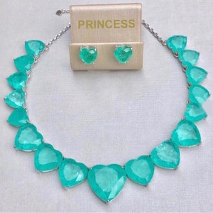 1001 Nights Queen Sultana Dubai Necklace 100% Natural Genuine Columbian Emeralds Necklace Collar 17 Hearts Neon Green, Gift for Her