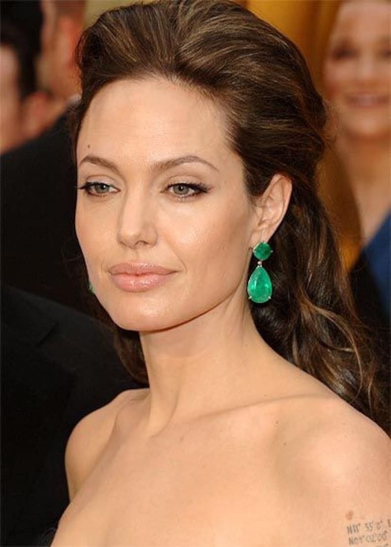 Inspirada en Angelina Jolie, famosa estrella de Hollywood, pendientes de esmeralda verde vibrante 100% natural, vermeil de oro amarillo de 18 quilates, joyas esmeralda imagen 3