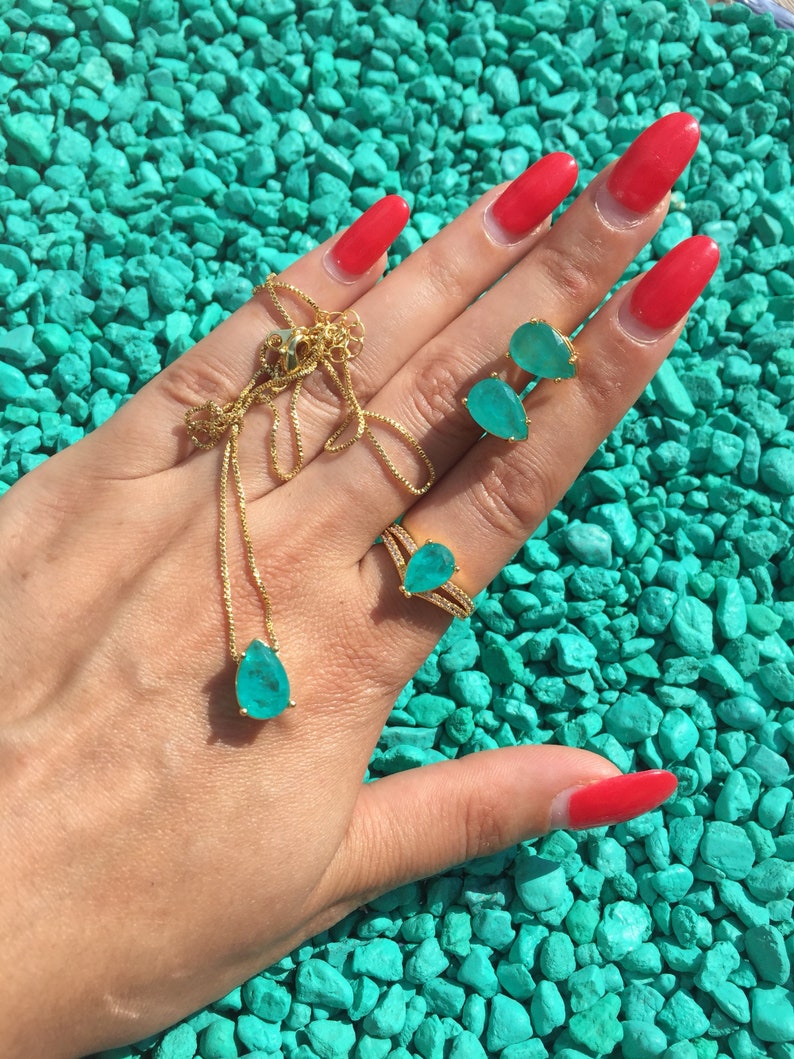 Natural Copper Bearing Paraiba Tourmaline Jewelry Set Ring Earrings and Necklace Neon Blue Brazil 925 Sterling Silver Set